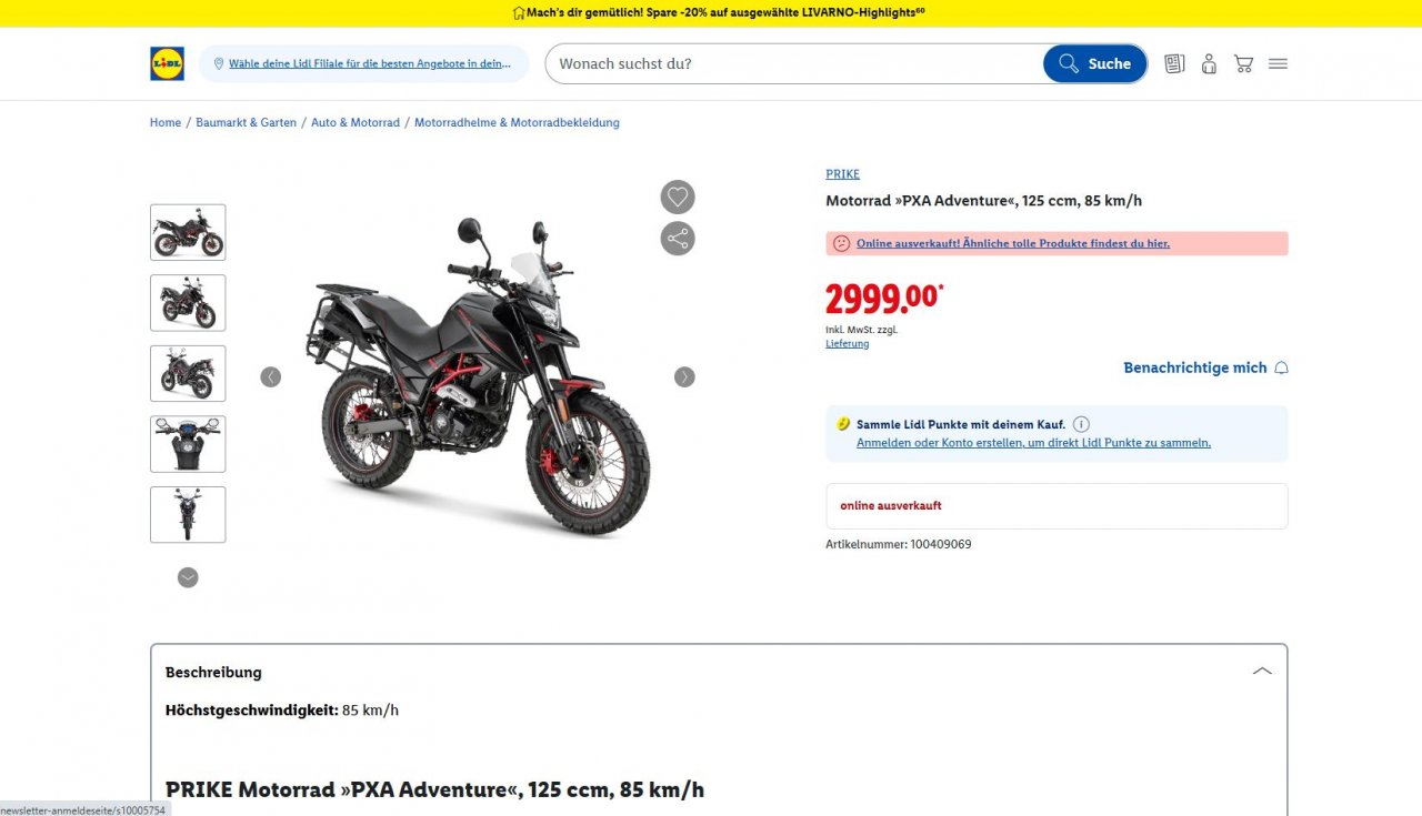 Trgovska veriga Lidl prodaja tudi motocikle za manj kot 3 tisočake Trgovska veriga Lidl prodaja tudi motocikle za manj kot 3 tisočake