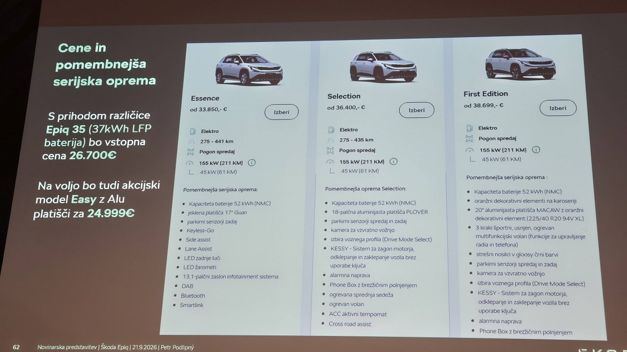 Različica Epiq z manjšo baterijo bo na voljo kasneje, vstopna cena zanj pa je postavljena pri 26.700 evrov.